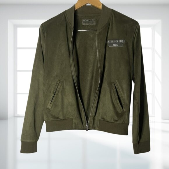 Hard Rock Cafe Tampa Olive Green Velvet-Feel Bomber Jacket Full Zip Medium Soft - Picture 3 of 13